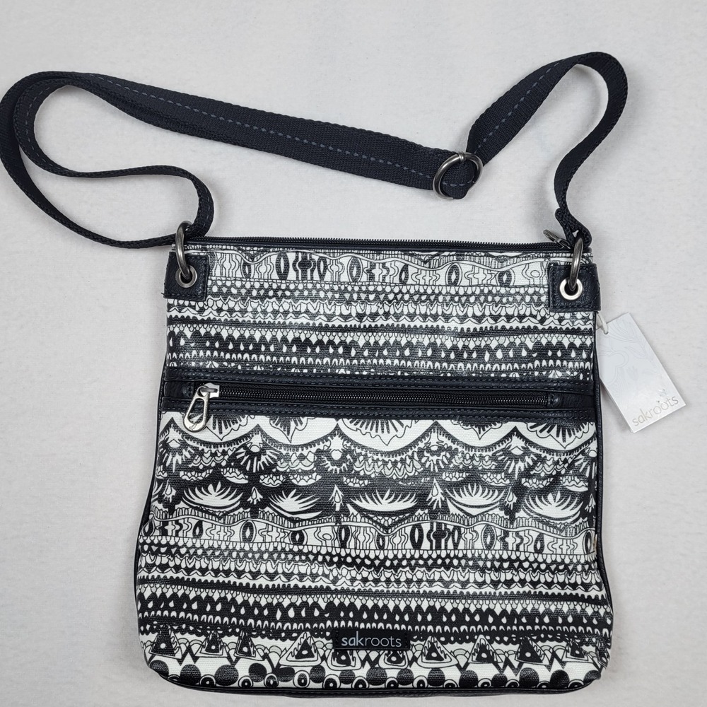 NWT Sakroots‎ Artist Circle Flat Crossbody Bag Black & White Abstract Pattern